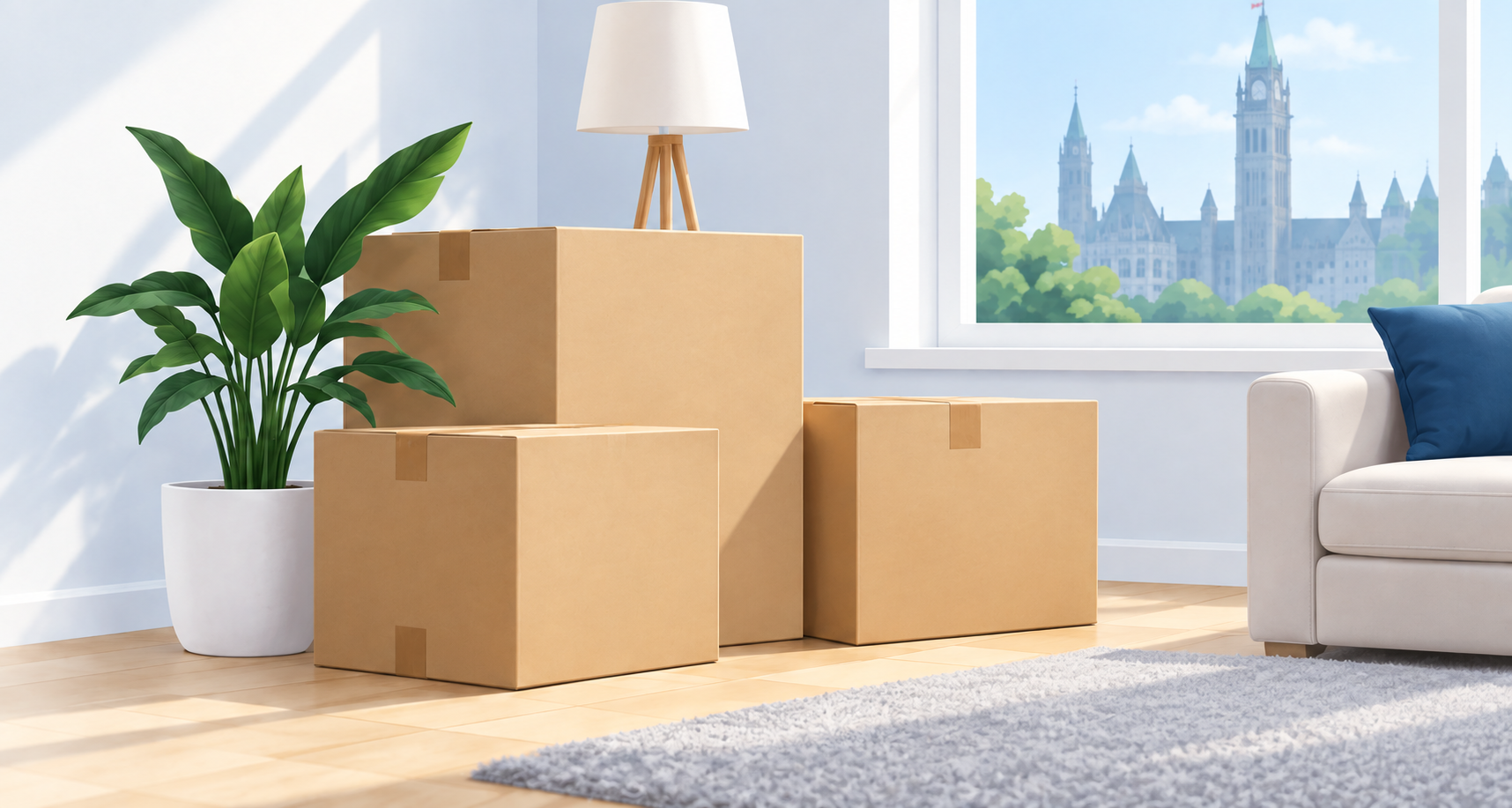 Moving boxes, a plant and a sofa in a bright room overlooking Ottawa